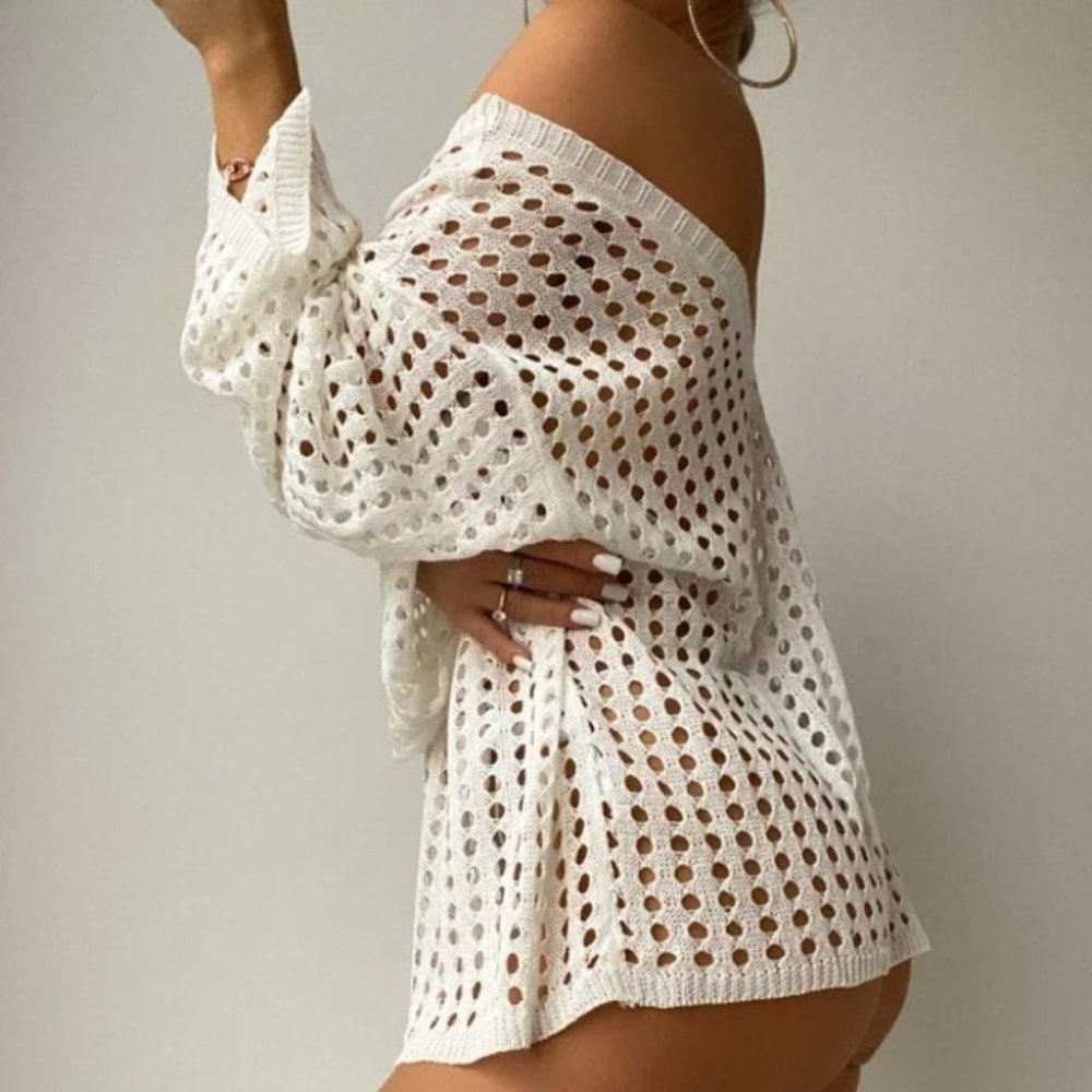 Boho hollow cut Knit Crochet Top beach vacation white - Picture 5 of 8